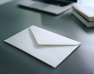 Close-up of a blank white paper envelope left on the office desk. 