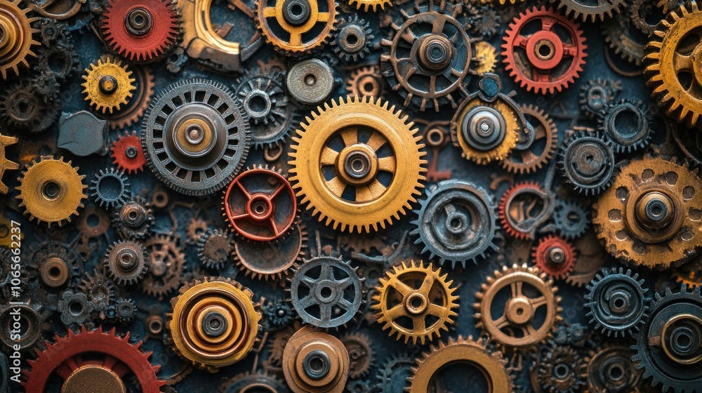 Poster a collage of various gears and cogs in different colors and sizes, showcasing mechanical design.