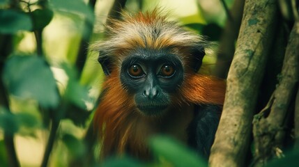 Fototapeta premium A red-haired monkey with bright eyes peeks from behind a tree in a tropical forest.