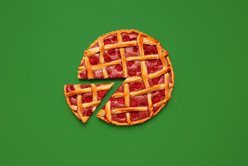 Homemade raspberry pie, minimalist on a green table, above view