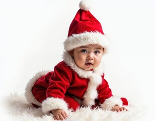 Adorable Baby Dressed as Santa Claus Crawls Cutely on a Soft White Blanket