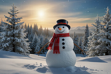 Obraz premium Classic Snowman with Hat and Scarf in a Winter Wonderland