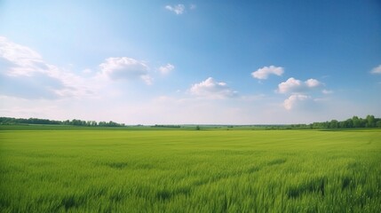 Fototapeta premium Lush Green Field Under Bright Blue Sky