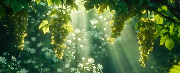 Obraz premium Lush green grape clusters hang from a vine, illuminated by gentle sunlight filtering through leaves, Ideal for food-related projects, vineyard promotions, or nature themes,