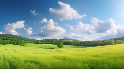 Obraz premium Serene Green Landscape with Blue Sky and Clouds