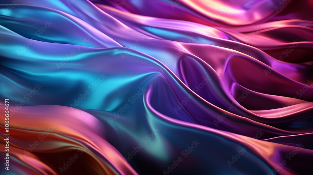 Poster shiny fabric with neon glow and wrinkled texture, reflecting light to create a vibrant, modern visua