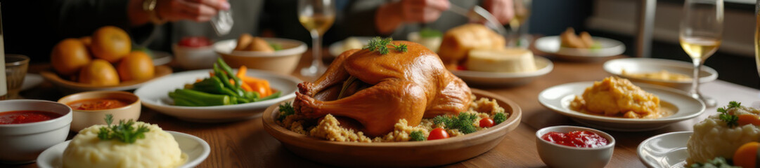 Christmas or thanksgiving feast, rustic table spread, ultra-high resolution panorama