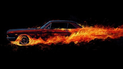 Burning car against a pure black background. 