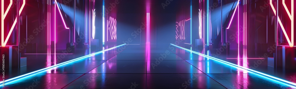 Poster background of empty stage show. neon light and laser show. laser futuristic shapes on a dark backgro
