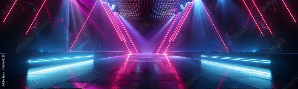 Poster background of empty stage show. neon light and laser show. laser futuristic shapes on a dark backgro