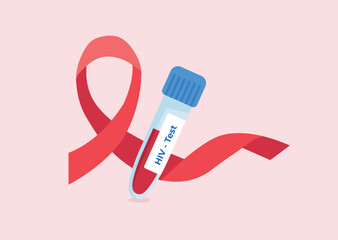 HIV test tube with red ribbon. World AIDS Day awareness concept. Vector illustration in flat style.