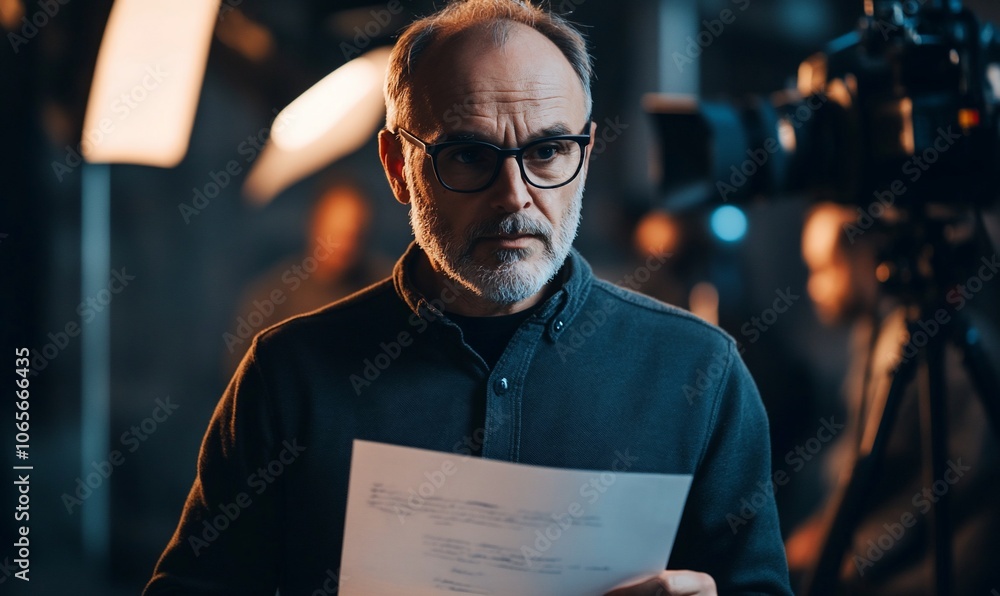 Poster a serious-looking man in glasses holds a script in front of a camera and crew on a film set.