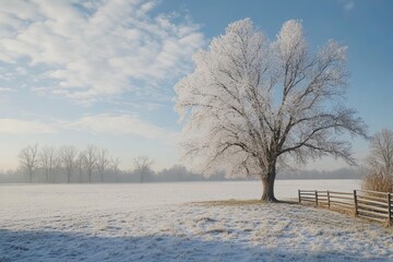 Obraz premium Beautiful snow covered tree in the rural Michigan countryside.