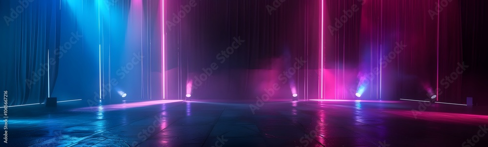 Poster background of empty stage show. neon light and laser show. laser futuristic shapes on a dark backgro