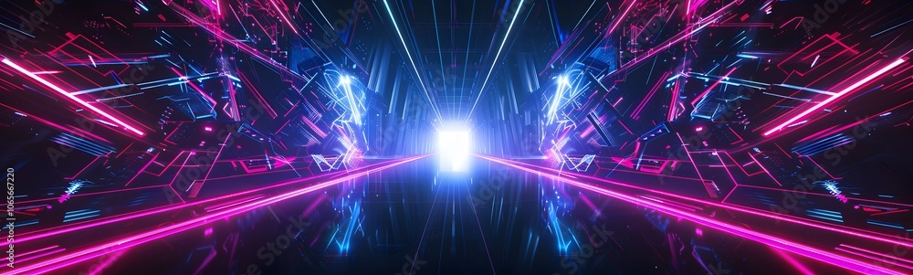 Poster background of empty stage show. neon light and laser show. laser futuristic shapes on a dark backgro