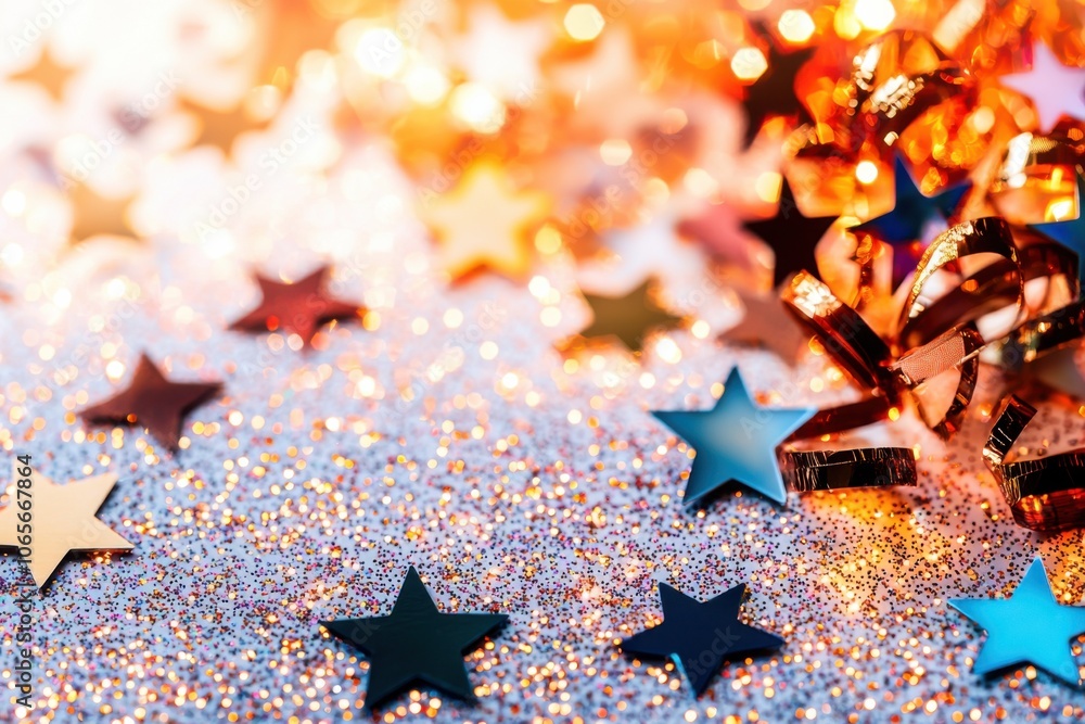 Poster shimmering stars on a sparkling surface with festive lights in the background.