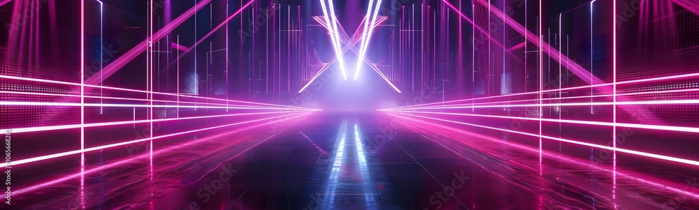Poster background of empty stage show. neon light and laser show. laser futuristic shapes on a dark backgro