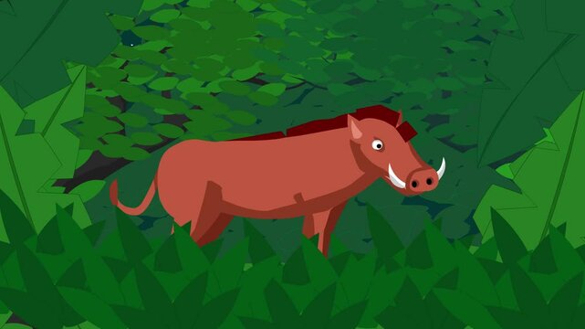 Animated video of a wild boar hiding in the jungle, art.