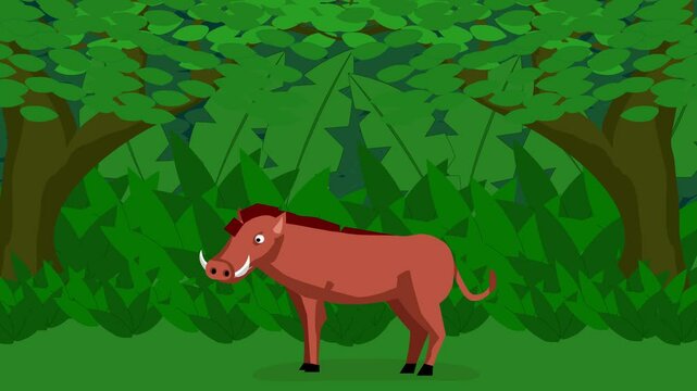 Animated video of a wild boar in the jungle, art.
