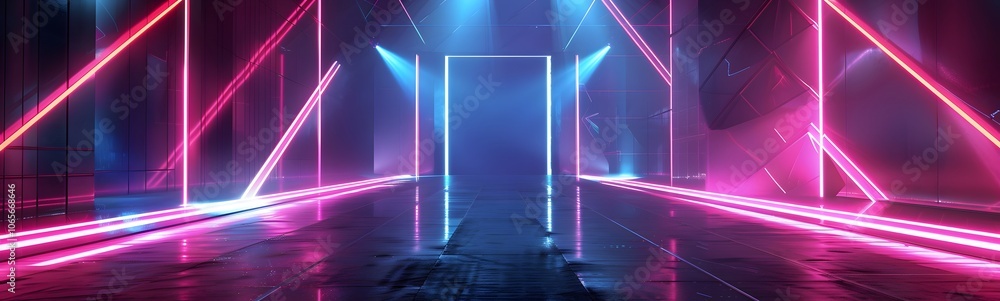 Poster background of empty stage show. neon light and laser show. laser futuristic shapes on a dark backgro