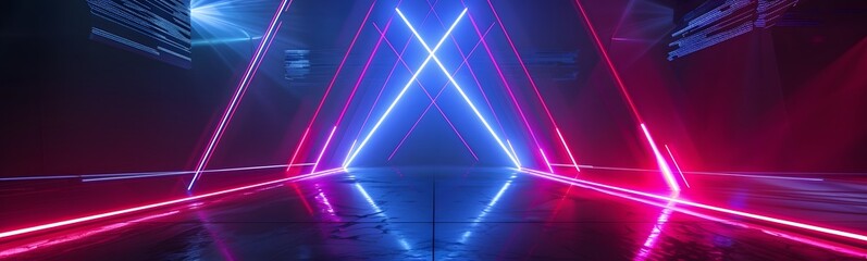 Fototapeta premium Background of empty stage show. Neon light and laser show. Laser futuristic shapes on a dark background. Abstract dark background with neon glow. 