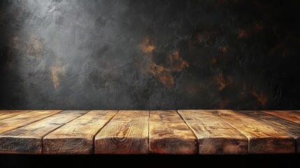 Rustic wooden table top on dark concrete background.