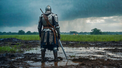 A medieval knight in full armor stands with his back facing the viewer, holding a sword in a muddy field.
