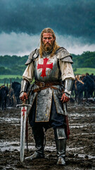 Obraz premium A determined medieval knight, clad in armor marked by a red cross, stands resolutely in a muddy battlefield under a dark, stormy sky. His armor is worn and stained, showing signs of intense battle.