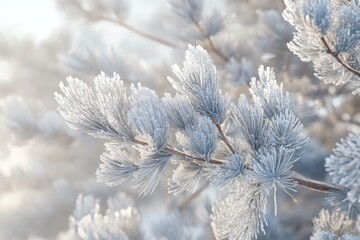 Pine branches covered with hoarfrost