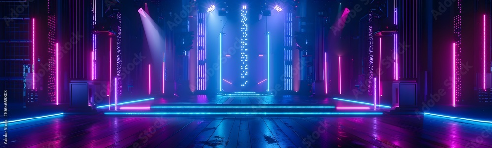Poster background of empty stage show. neon light and laser show. laser futuristic shapes on a dark backgro