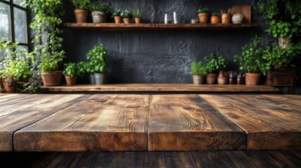 Obraz premium Rustic wooden table with a blurred background of potted plants and a brick wall.