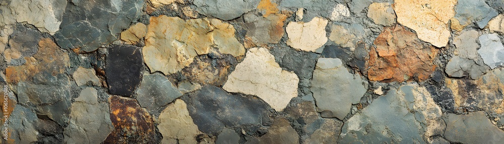 Poster close-up of a rustic stone wall with irregular shapes and diverse color variations