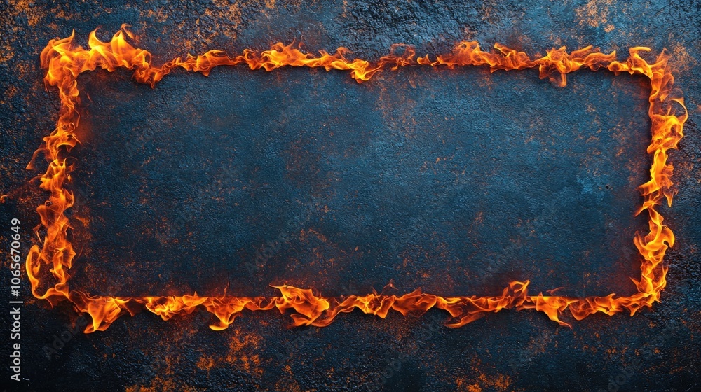 Poster fire frame border background for banner with copy space. flame frame on a dark background
