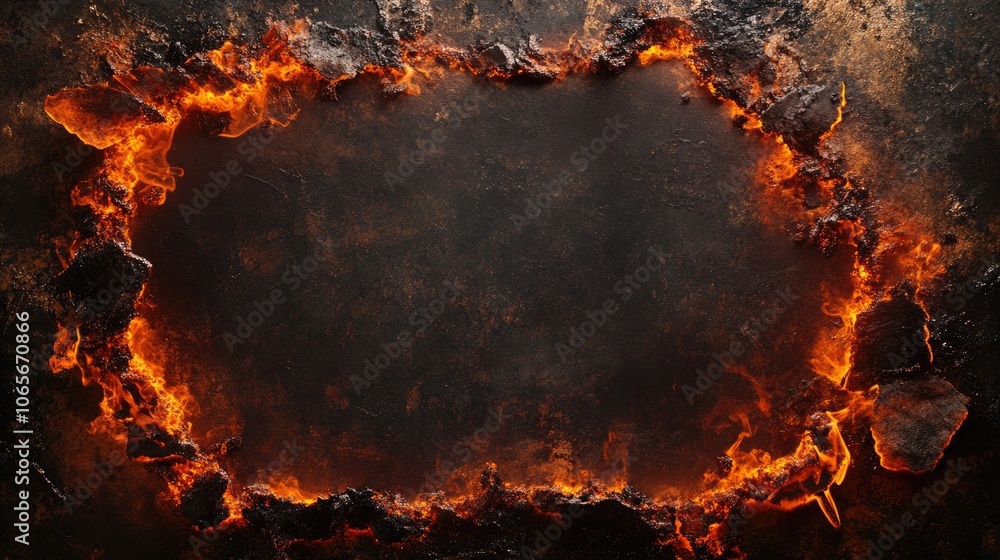 Poster fire frame border background for banner with copy space. flame frame on a dark background