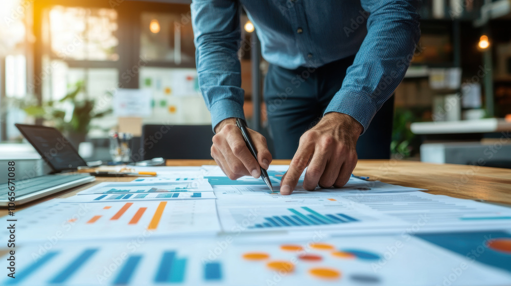 Poster business professional analyzing charts and graphs during presentation, showcasing data driven insigh