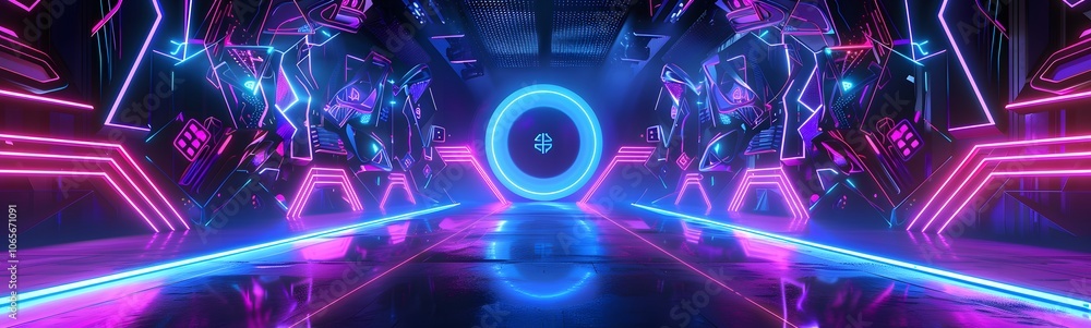 Poster background of empty stage show. neon light and laser show. laser futuristic shapes on a dark backgro
