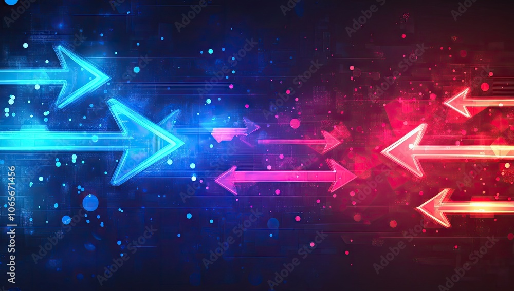 Poster abstract background with neon arrows on dark blue and red colors. glowing lines for design, digital 