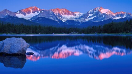 Stunning Dawn Reflection: Pristine Mountain Lake Mirrors Snow-Capped Peaks in Alpenglow, Capturing Perfect Symmetry and Maximum Detail in National Geographic Style.