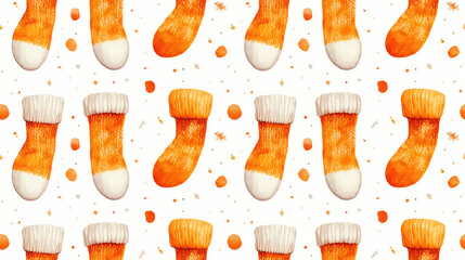 Cute cartoon orange knitted sock seamless pattern playful watercolor design for fabric and home decor
