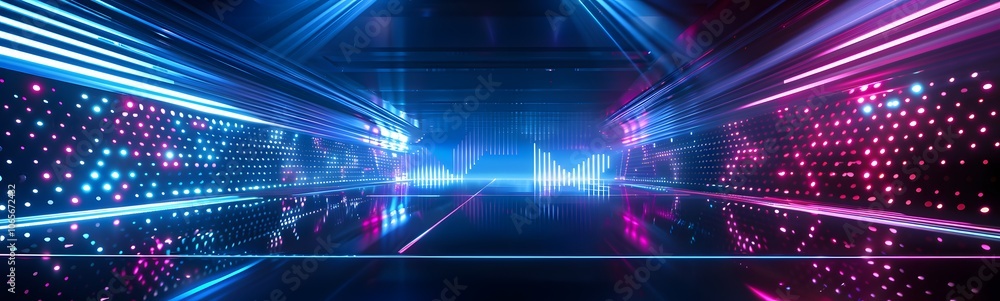 Poster background of empty stage show. neon light and laser show. laser futuristic shapes on a dark backgro