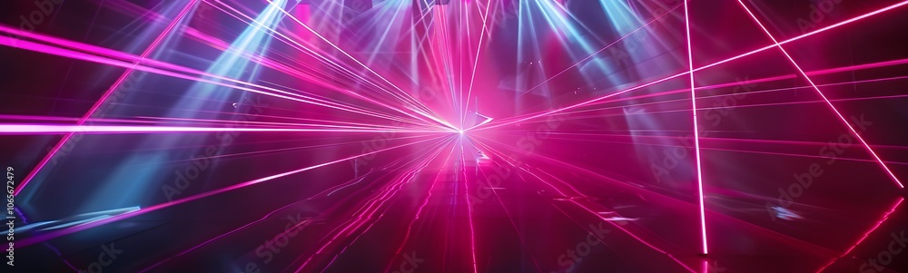 Poster background of empty stage show. neon light and laser show. laser futuristic shapes on a dark backgro