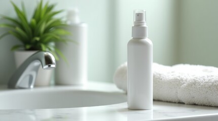 Fototapeta premium A close-up image of a bottle of saline nasal spray placed on a bathroom countertop, surrounded by a soft towel and a small potted plant.