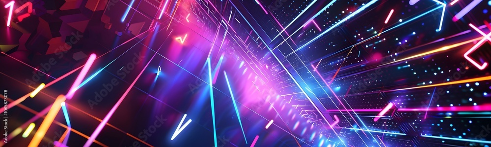 Poster background of empty stage show. neon light and laser show. laser futuristic shapes on a dark backgro