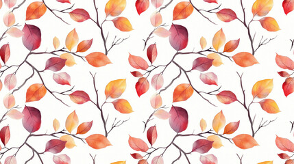 Obraz premium Watercolor seamless pattern featuring twigs and vibrant autumn leaves ideal for seasonal wrapping paper and fabric design