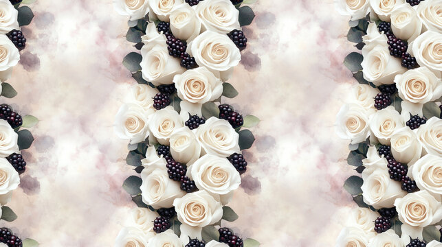 Elegant bouquet of white roses paired with dark berries against a soft watercolor backdrop perfect for wedding invitations