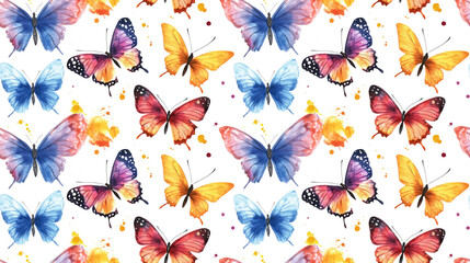 Seamless watercolor butterfly pattern on a white background perfect for textile design and decorative purposes