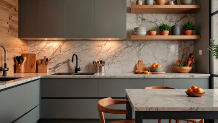 Front view of elegant interior with gray drawers under kitchen cabinet. empty wooden table and marble countertop in room. modern equipment for cooking. well organized space for storage food products
