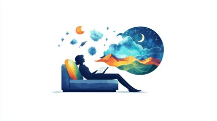 A serene illustration of a person relaxing on a couch, immersed in a dreamlike landscape filled with clouds and cosmic elements.
