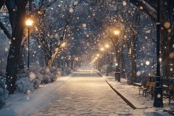 The city path which is taking place on avenue  covered with a snow.
