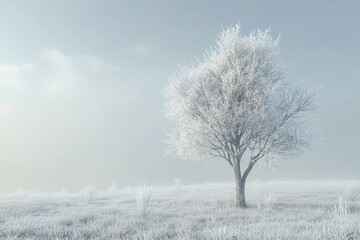 The tree covered with hoarfrost in a fog